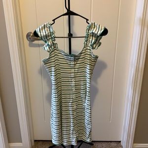 Short stripped white and green button up dress